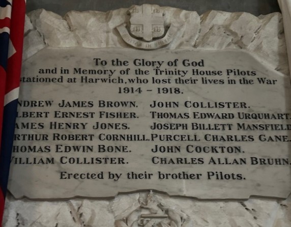 St Nicholas Church, Harwich. 

In memory of the Trinity House pilots stationed in Harwich, who lost their lives at sea 1914- 1918