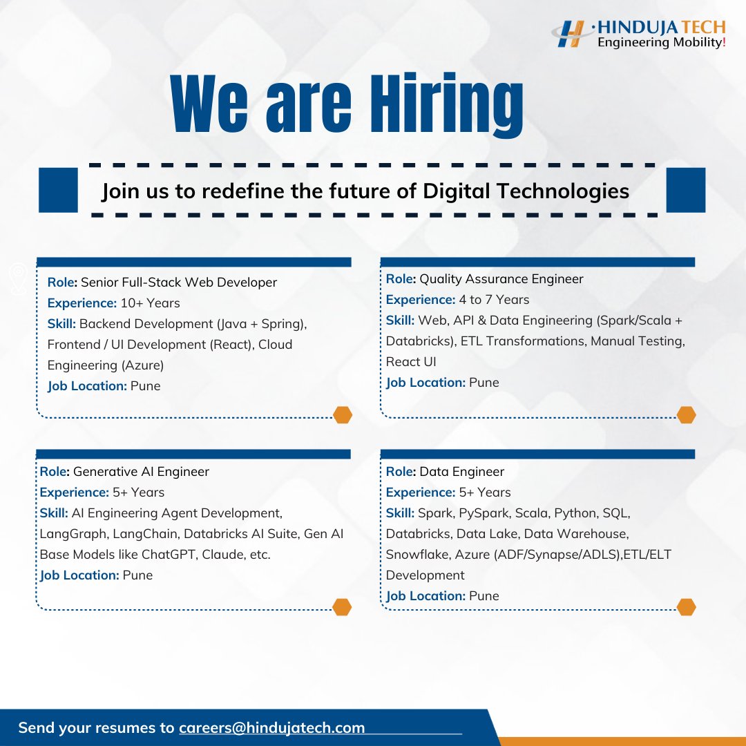 This is the golden ticket to pivot your career. Don't miss out! 

🔗 Click here to apply: 
hubs.ly/Q042Qpjn0
hubs.ly/Q042QpKb0
hubs.ly/Q042Qpgz0
hubs.ly/Q042QpY50

📧 Interested? Share your resume to careers@hindujatech.com

#job #hiring #career #engineer