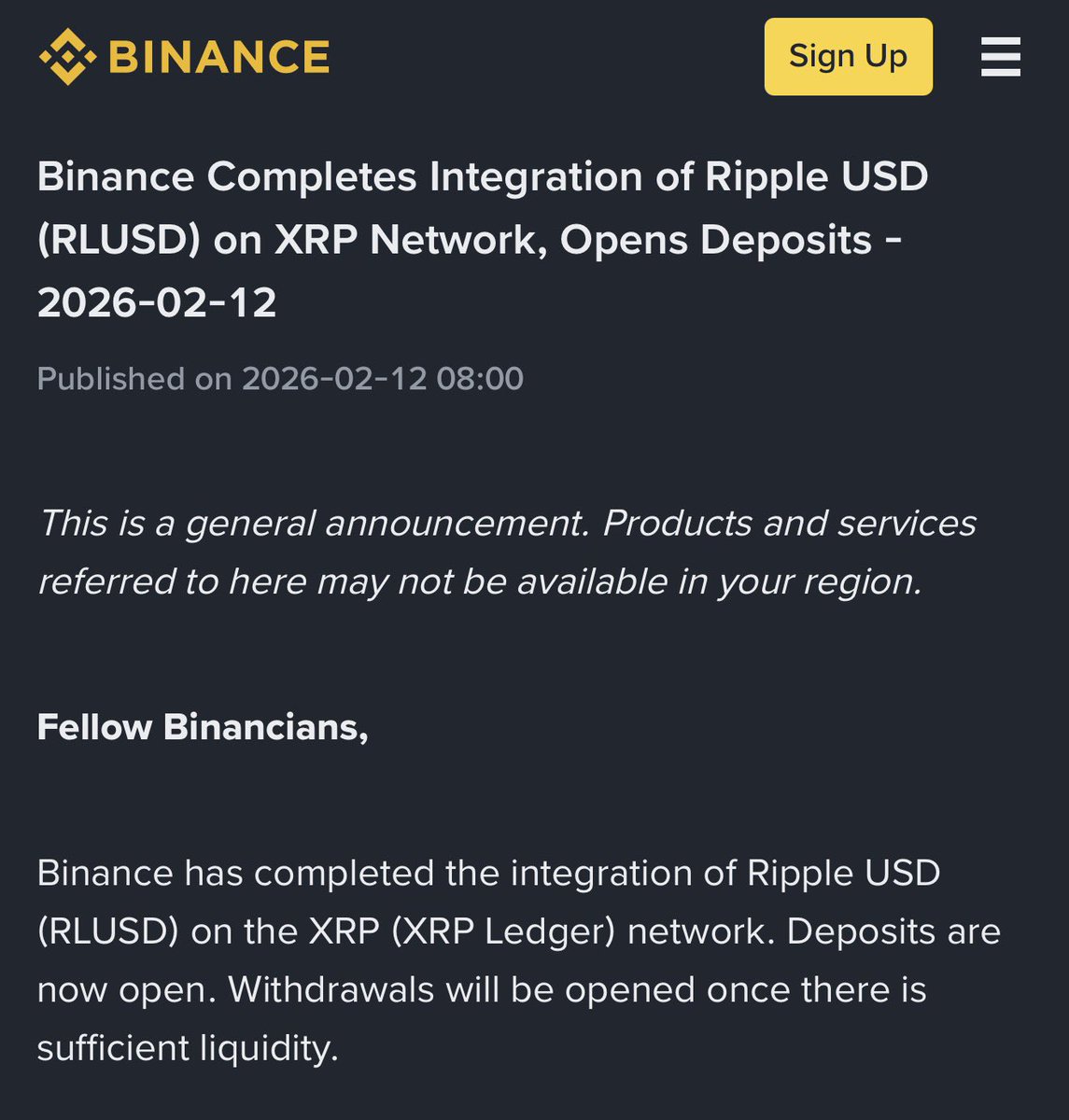 That was quick! Binance has now XRP Ledger issued asset support by listing RLUSD from the XRPL for deposits and soon withdrawals. 

A massive door opener thanks to RLUSD for the entire XRP Ecosystem.