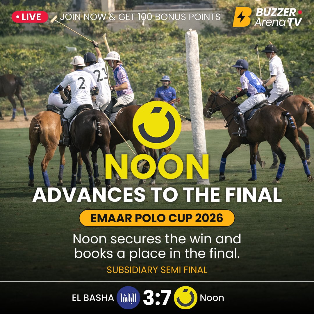 BuzzerFan's tweet photo. It’s over! 🏇
Noon 7–3 El Basha — FINAL secured.
⭐ Top scorer: Rashid Alabbar.
Catch the highlights on Buzzer.
#PoloLive #DubaiPolo #EmaarPoloCup #Buzzer https://t.co/hyHsZedZ53