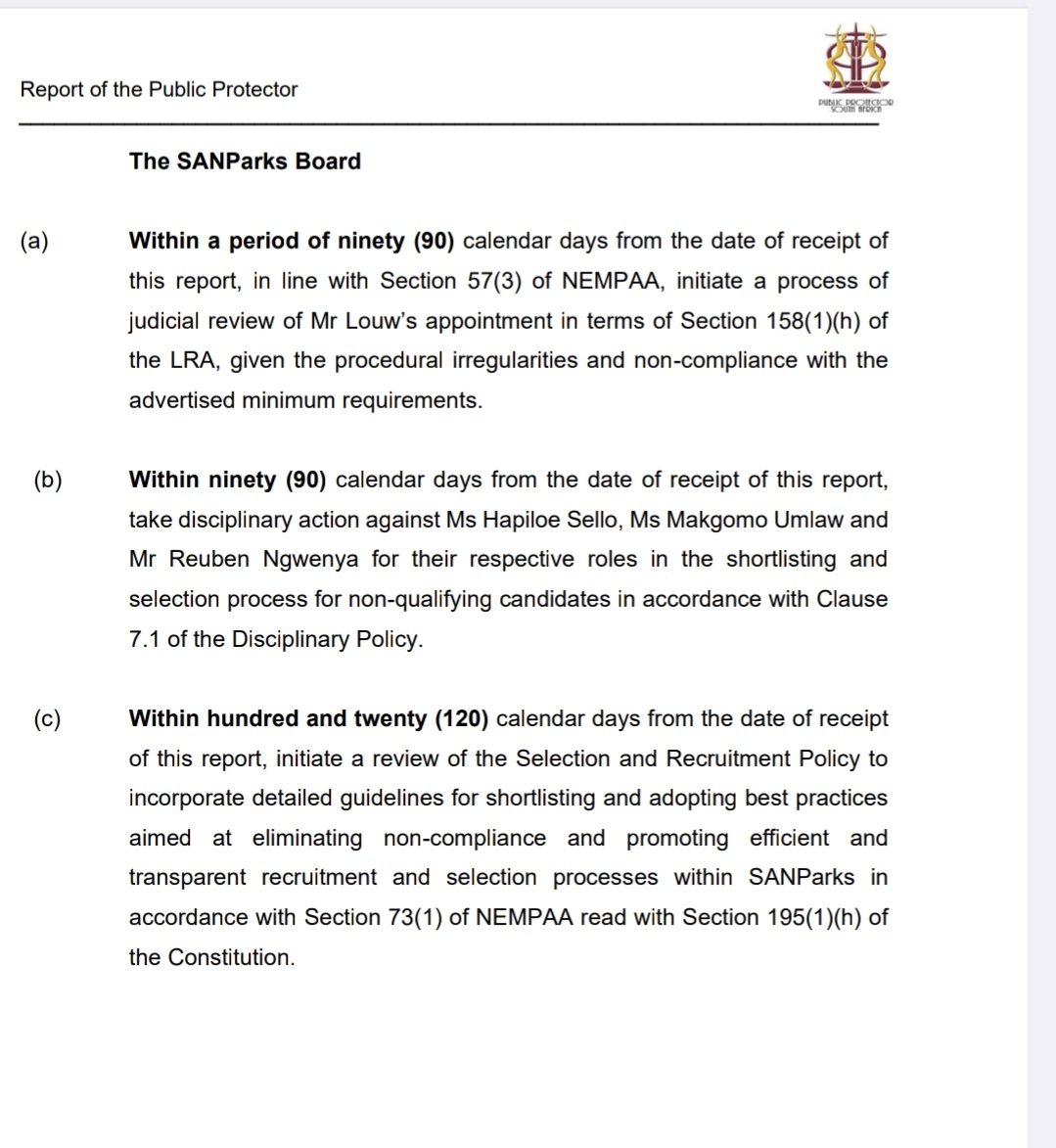 Sli_Masikane's tweet photo. [BREAKING] Public Protector finds the appointment of the head of Sanparks  communication Johannes Louw was irregular. He did not meet the minimum requirements. Recommends judicial review of his appointment within 90 days.

#eNCA https://t.co/OsusNWQe9t