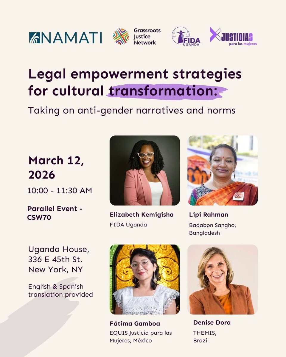 GrassrootsJN's tweet image. The Grassroots Justice Network will attend #CSW this year with Network members @EquisJusticia, @FIDA_Uganda, @BadabonS  and @themis_org . Together, we'll advance our work on gender justice, land rights and access to justice. Will you be at #CSW70? Let us know. Let's connect!