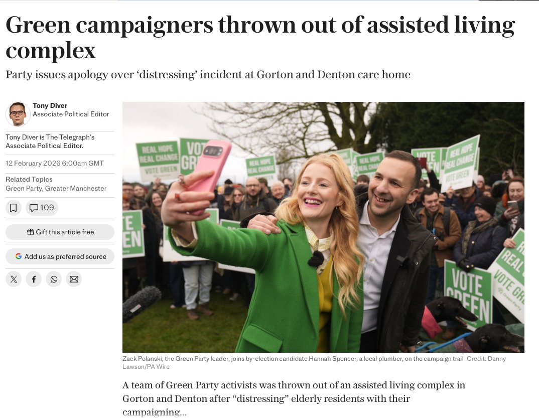 Green campaigners in the Gorton &amp; Denton By-Election have been thrown out of an assisted living complex because they were hassling and distressing residents. They've had to apologise for it. This aggressive behaviour has no place in British politics. Shame on them.