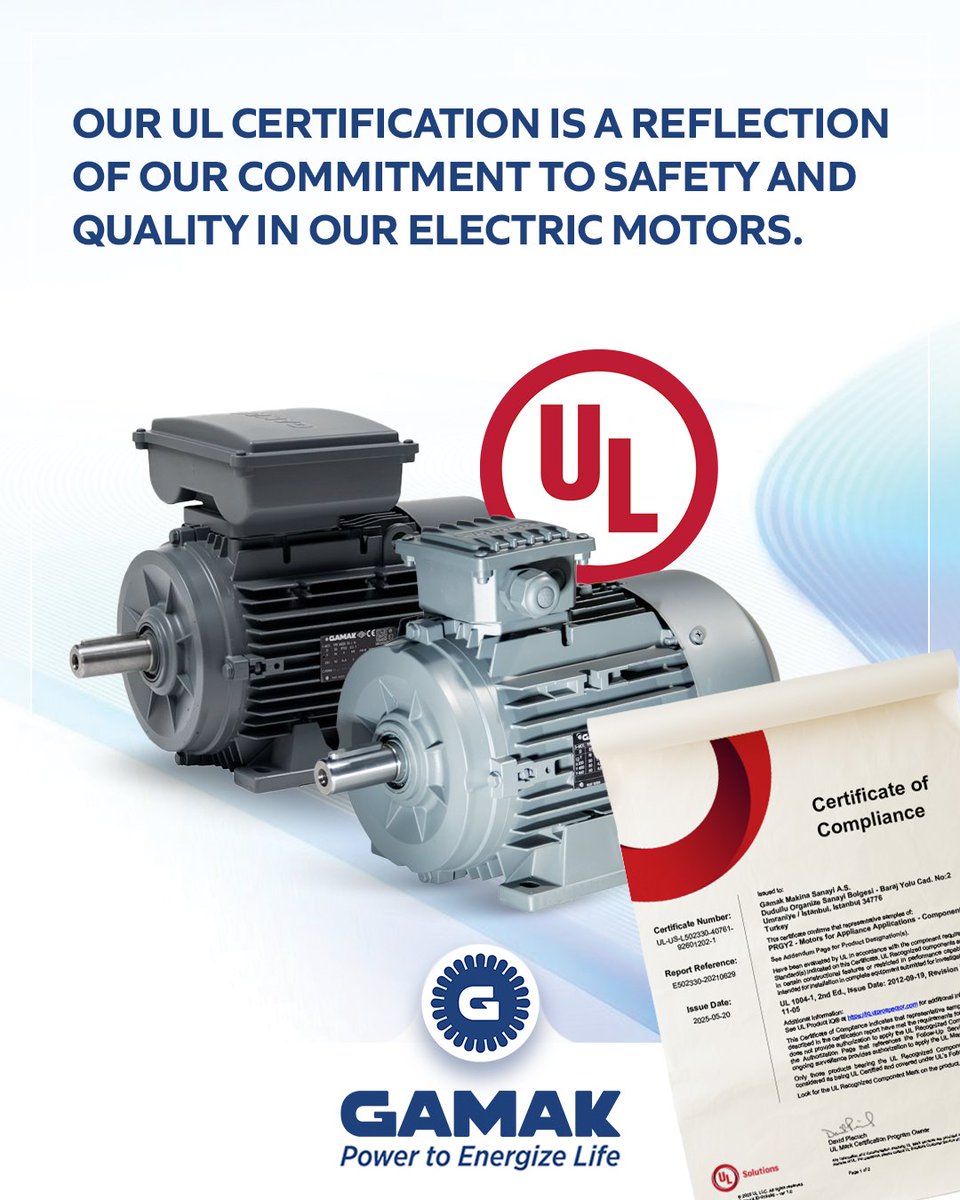 gamak_makina's tweet photo. UL sertifikalı elektrik motorlarımız, global pazarlarda güvenilir kullanım için tasarlanır ve üretilir.
Our UL-certified electric motors are designed and manufactured for reliable use in global markets.
#Gamak #ULSertifikası #ULCertification https://t.co/vNfVKrgQI0