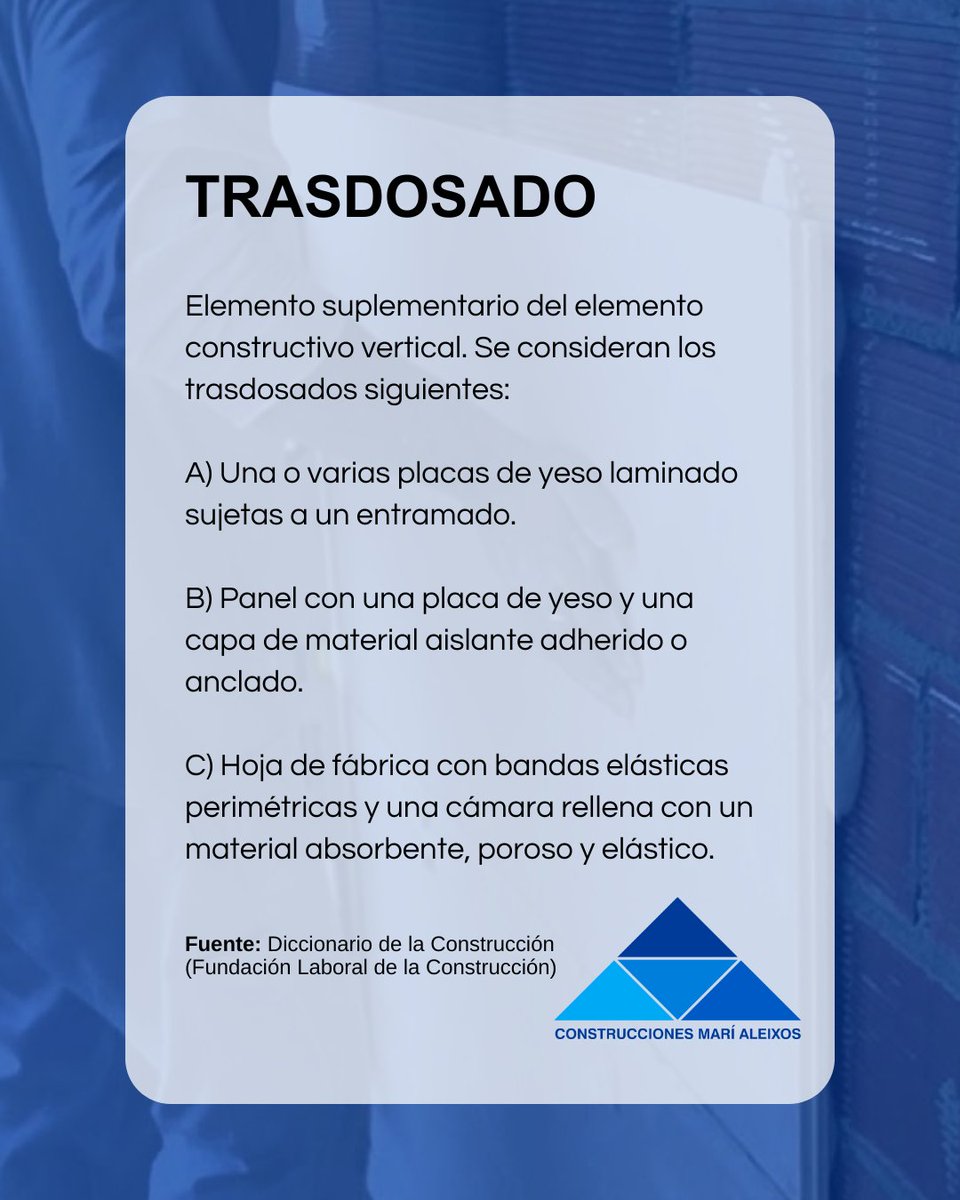 ConsMariAleixos's tweet photo. 📘 Trasdosado: Elemento suplementario del elemento constructivo vertical. Fuente: Diccionario de la Construcción (Fundación Laboral de la Construcción)

🔗Nuestra web: https://t.co/rJEPyziFl3 https://t.co/bsbetNoq8a