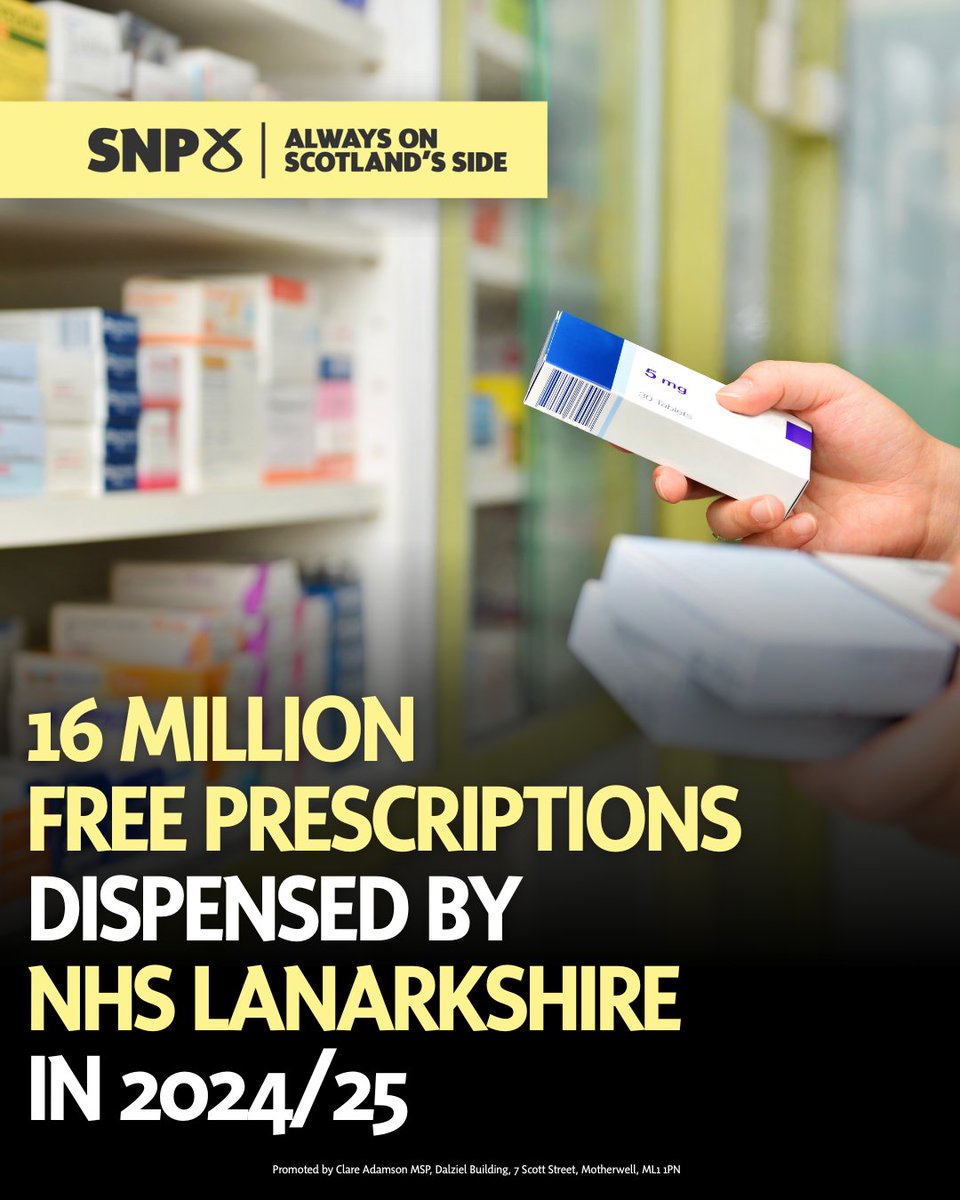ClareAdamsonSNP's tweet image. Last year NHS Lanarkshire dispensed 16m+ free prescriptions — real support for families in Motherwell &amp;amp; Wishaw.

While England charges £9.90 per item, the SNP has kept prescriptions free in Scotland.

Essential medicines should always be free!

#SNP #NHSScotland #NHSLanarkshire