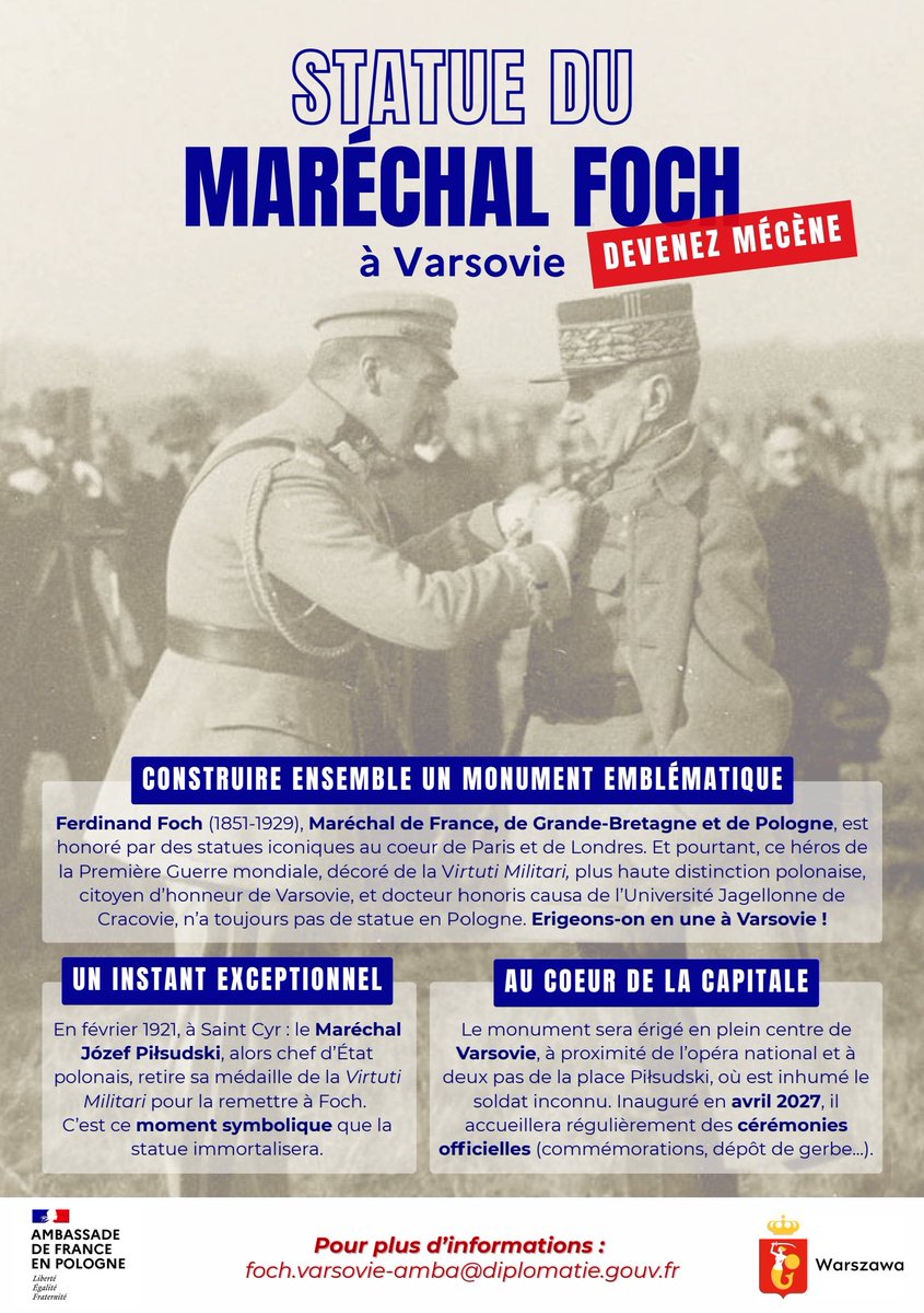 EdePoncins's tweet image. C'est parti!! Avec le soutien du @Armees_Gouv et de @trzaskowski_, ns lançons la campagne pour ériger une statue du Maréchal #Foch à Varsovie 👇. 
Ferdinand Foch était Mchal de 🇫🇷 de 🇬🇧 et de 🇵🇱.
#ForSure = ou plutôt #FochSure = il lui faut une statue au centre de #Varsovie.