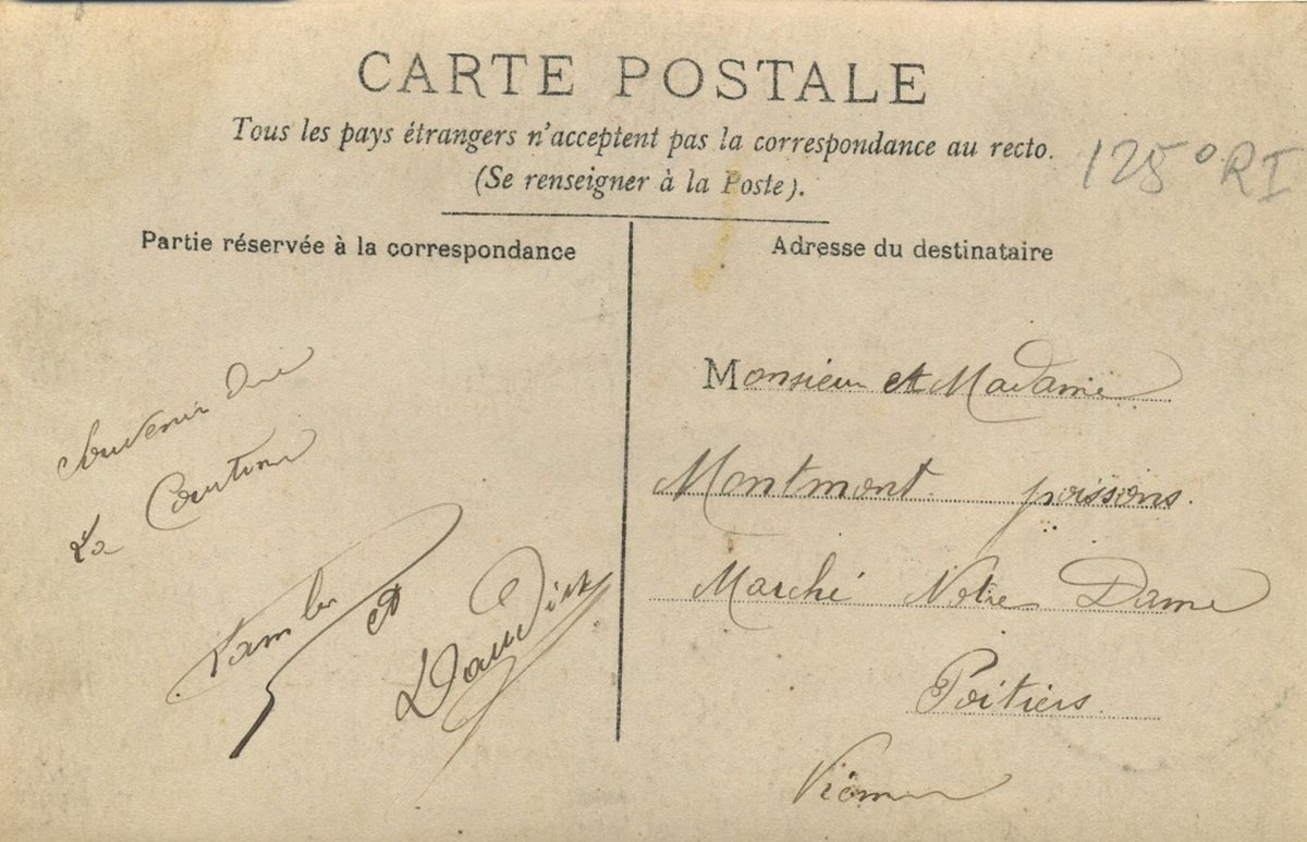 Le_Chtimiste's tweet photo. Carte envoyée à Mr et Mme POISSONS, marché Notre Dame à Poitiers par un certain L. DAUDIN (?) du 125e régiment d'infanterie - Sur le petit tonneau : '' 120 et la fuite - Merci à Marie-Camilla. #Chtimiste #128eRI https://t.co/EV3r59fflj