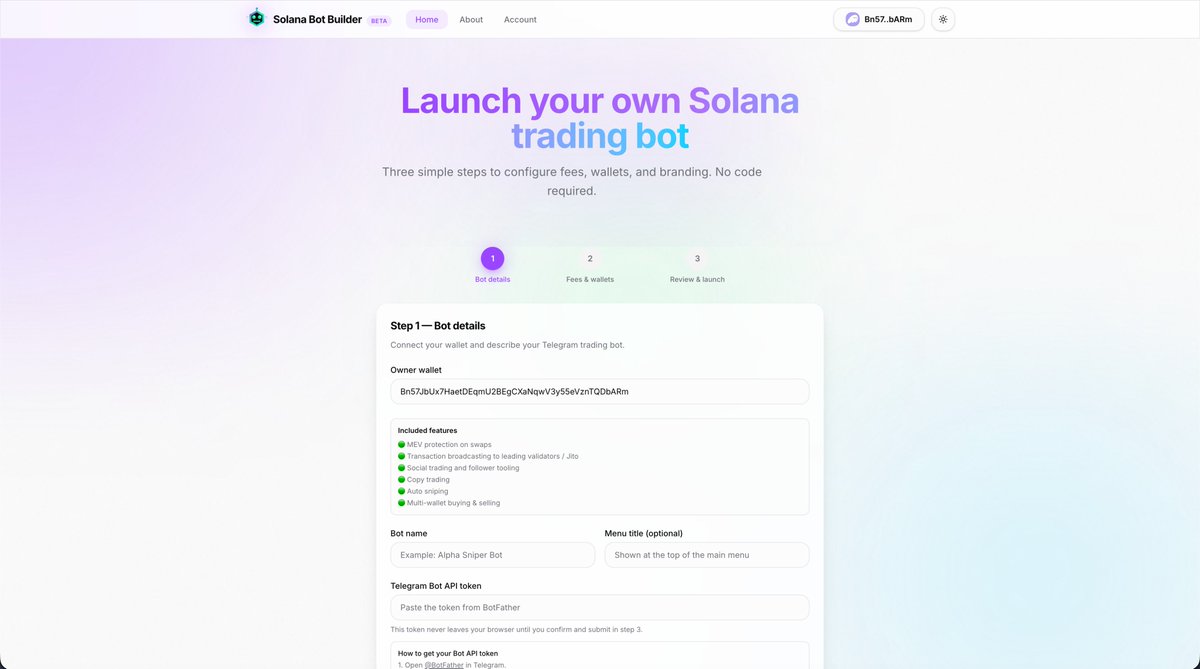 Quick reminder that you can monetize that degen bro group you own by having your bros use your own personal telegram bots to snipe whenever calls are shared.

And you can set the fees (which coincidentally belong to you) too.

Use <a href="/solbotbuilder/">Solana Bot Builder</a>.