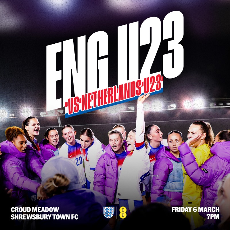 shrewsburytown's tweet photo. 📅 Shrewsbury Town are delighted to be hosting England Women U23s against Netherlands U23s at the Croud Meadow on Friday, March 6.

🏴󠁧󠁢󠁥󠁮󠁧󠁿 🇳🇱 Kick-off is 7pm, with adults tickets only £5, concessions £3 and Kids £1. 

🎟️ Buy online, by phone or via the ticket office.