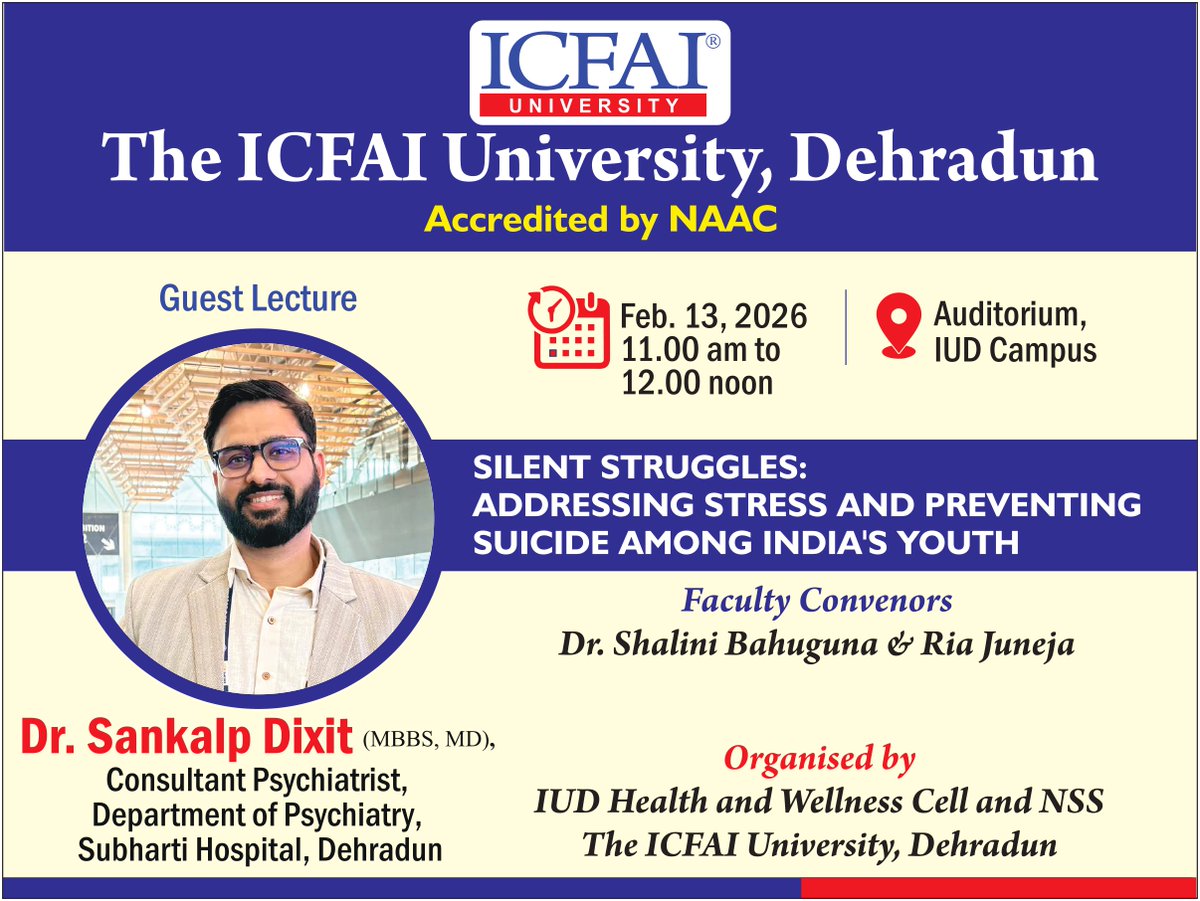 🕊 The IUD Health &amp; Wellness Cell, in collaboration with NSS, The ICFAI University, Dehradun, presents an awareness session on mental health.
Theme: Silent Struggles: Addressing Stress &amp; Preventing Suicide Among India’s Youth
🎙 Guest Speaker: Dr. Sankalp Dixit (MBBS, MD)