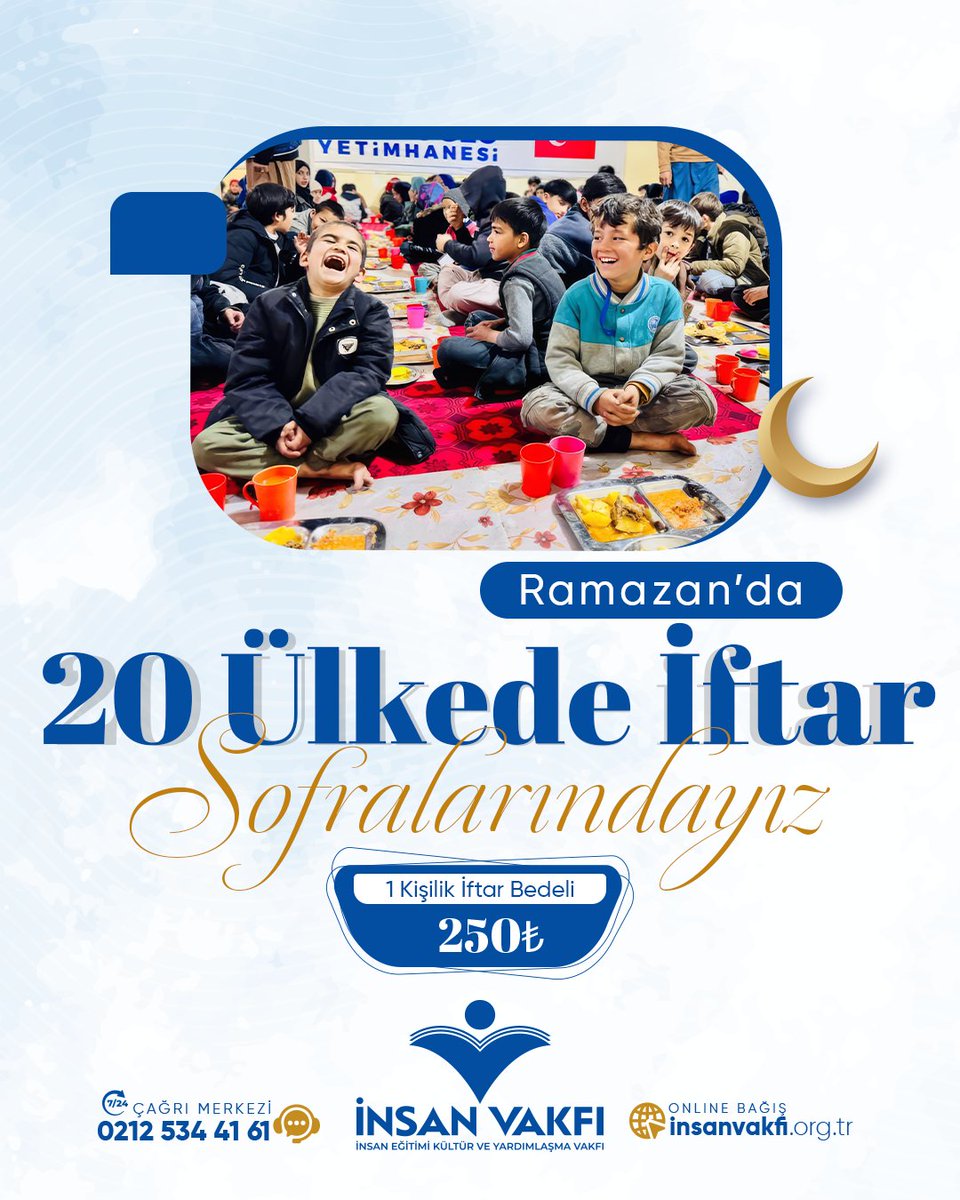 Ramazan’da İftar Sofralarındayız 🌙

Bu Ramazan iftar sofralarında yetim çocuklarla buluşacak, ihtiyaç sahibi ailelerin sofralarına yardımlarınızla misafir olacağız. 🕊️

🌐 insanvakfi.org.tr 
📞 0212 534 41 61 
📩 insanvakfi@insanvakfi.org.tr