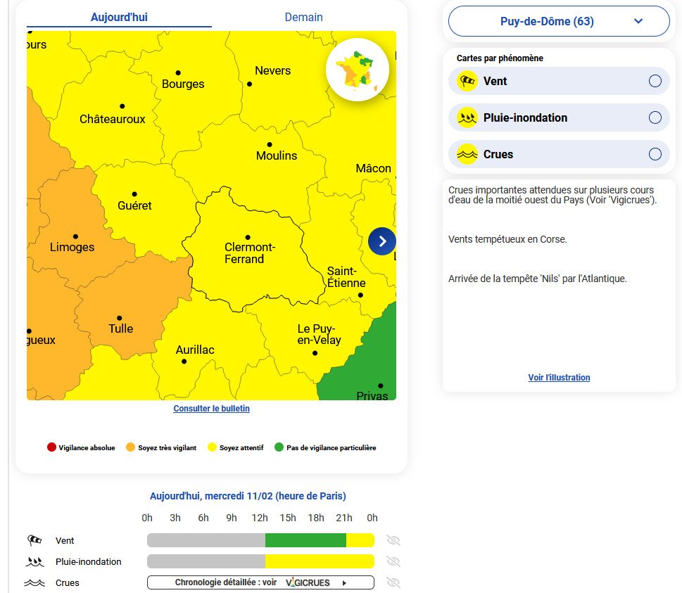 Image de Préfète du Puy-de-Dôme - 🟡 Météo-France place au niveau de vigilance JAUNE le département pour les risques
- PLUIE INNONDATI