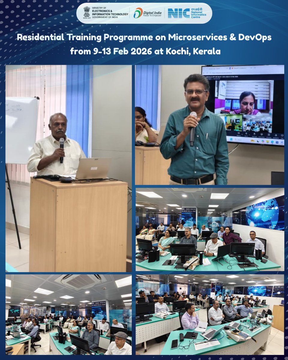 The 9th Residential Training Programme on Microservices &amp; DevOps is being held from 9–13 Feb 2026 at the NIC Centre of Excellence on Microservices, Kochi, offering hands-on training in modern application architecture, deployment practices, and industry standards.
#NICMeitY