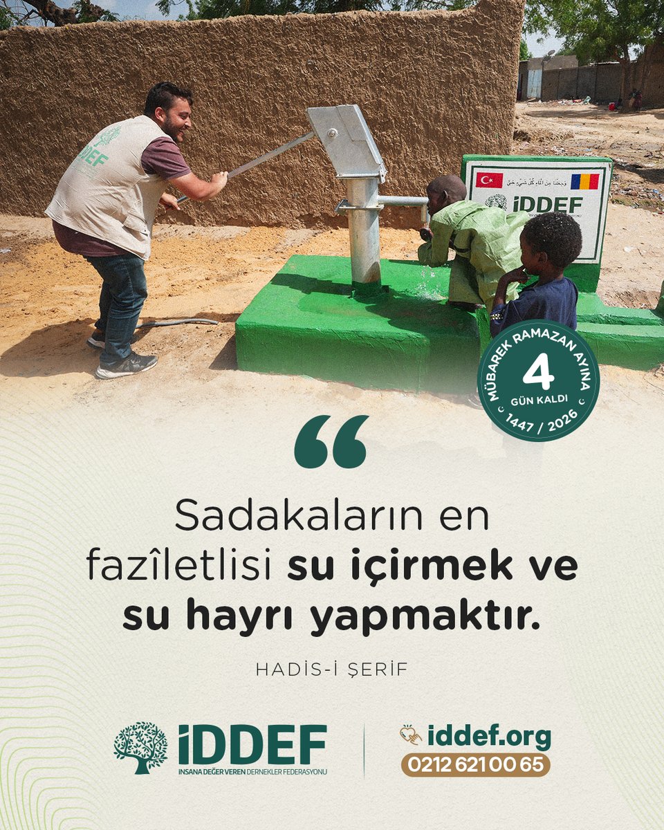 iddef's tweet image. RAMAZAN'A SON 4️⃣ GÜN!

❝Sadakaların en fazîletlisi su içirmek ve su hayrı yapmaktır.❞
♦️ Hadis-i Şerif | Ahmed bin Hanbel

Bu Ramazan 🌙 #SeninleBereketlensin 🤲🏻
🌐 iddef.org/su-kuyusu