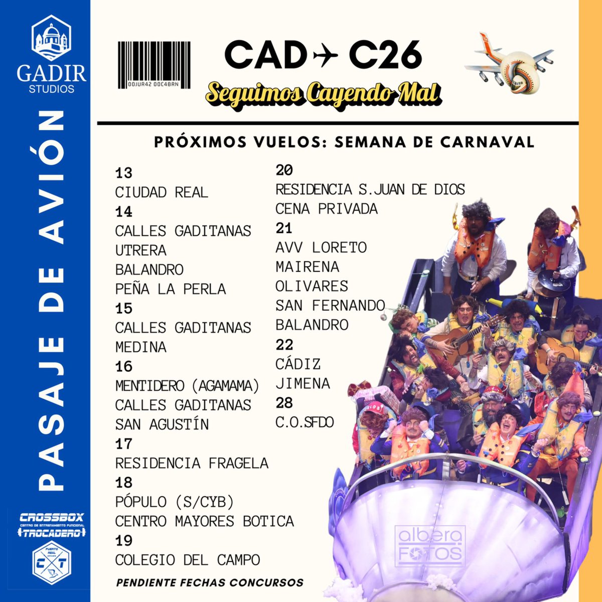 ¡Familia!
Os dejamos nuestros próximos vuelos para esta semana de carnaval 
Cada día os iremos poniendo lugares exactos en los que nos podréis encontrar en la calle para volar con nosotros!!!