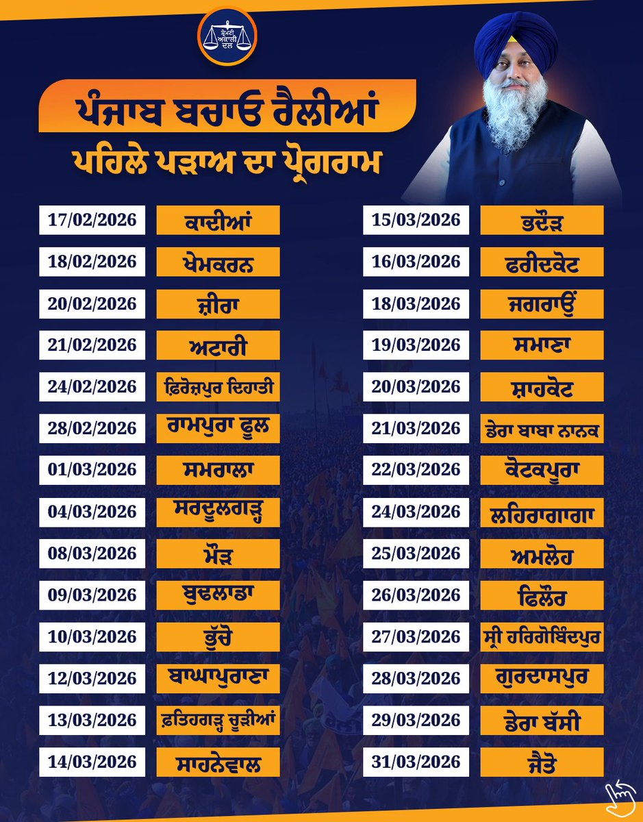 Akali_Dal_'s tweet photo. We are pleased to announce the start of mass contact programme from February 17 from Qadian to launch the Shiromani Akali Dal’s campaign for the 2027 Punjab elections. 
▪️The first phase of the ‘Punjab Bachao – S Sukhbir Singh Badal Lyao’ programme will include holding 40 rallies across the State and will culminate with a massive rally on Baisakhi (April 13) at Talwandi Sabo.
▪️The party president @officeofssbadal will take up all the burning issues of Punjab and offer his vision for the future of the State. 
▪️We are confident Punjabis will rally around the @Akali_Dal_ which alone is capable of fulfilling their aspirations.