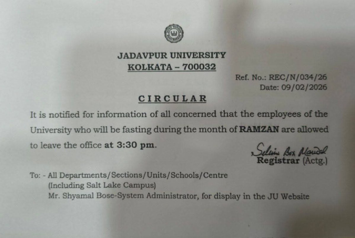 जाधवपुर विश्वविद्यालय, पश्चिम बंगाल में रमज़ान के दौरान मुस्लिम कर्मचारियों को शाम 3:30 बजे घर जाने की अनुमति दी गई है।

उम्मीद है कि इसी तरह की संवेदनशीलता जन्माष्टमी, चैत्र नवरात्रि और अन्य हिंदू त्योहारों पर भी दिखाई जाएगी, ताकि सभी धर्मों के प्रति समान सम्मान बना रहे।