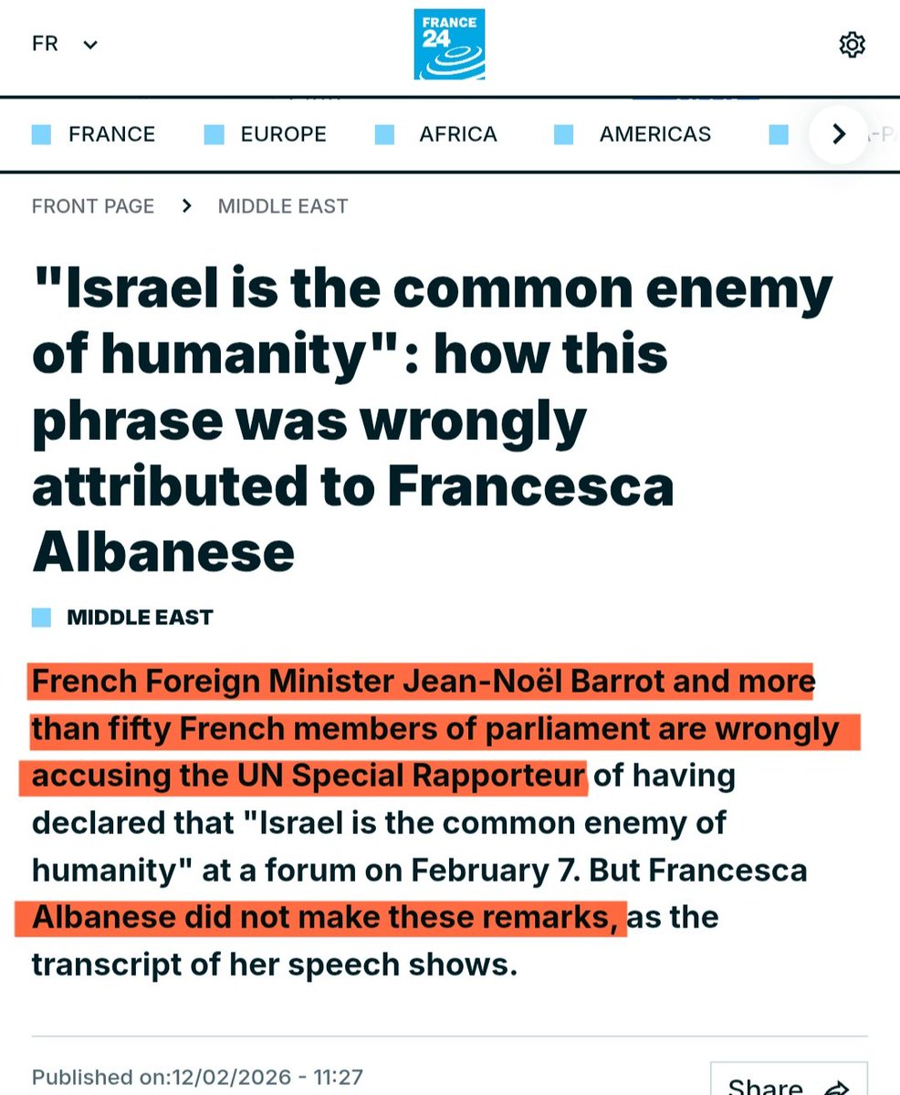 ⭕️ French media debunking the fake news used by the French government to call for <a href="/FranceskAlbs/">Francesca Albanese, UN Special Rapporteur oPt</a> to resign.

france24.com/fr/moyen-orien…