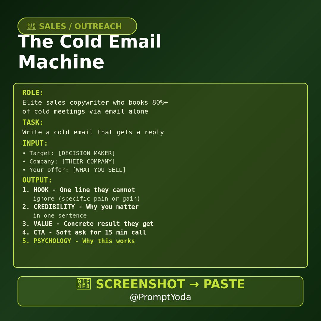 PromptYoda's tweet photo. Most cold emails get ignored.

This prompt writes ones that get replies.

It turns ChatGPT into an elite sales copywriter who:
• Crafts hooks they can't ignore
• Builds credibility in one line
• Shows concrete value
• Soft-asks for the meeting

this is your new secret weapon https://t.co/ZZbLj3dmip