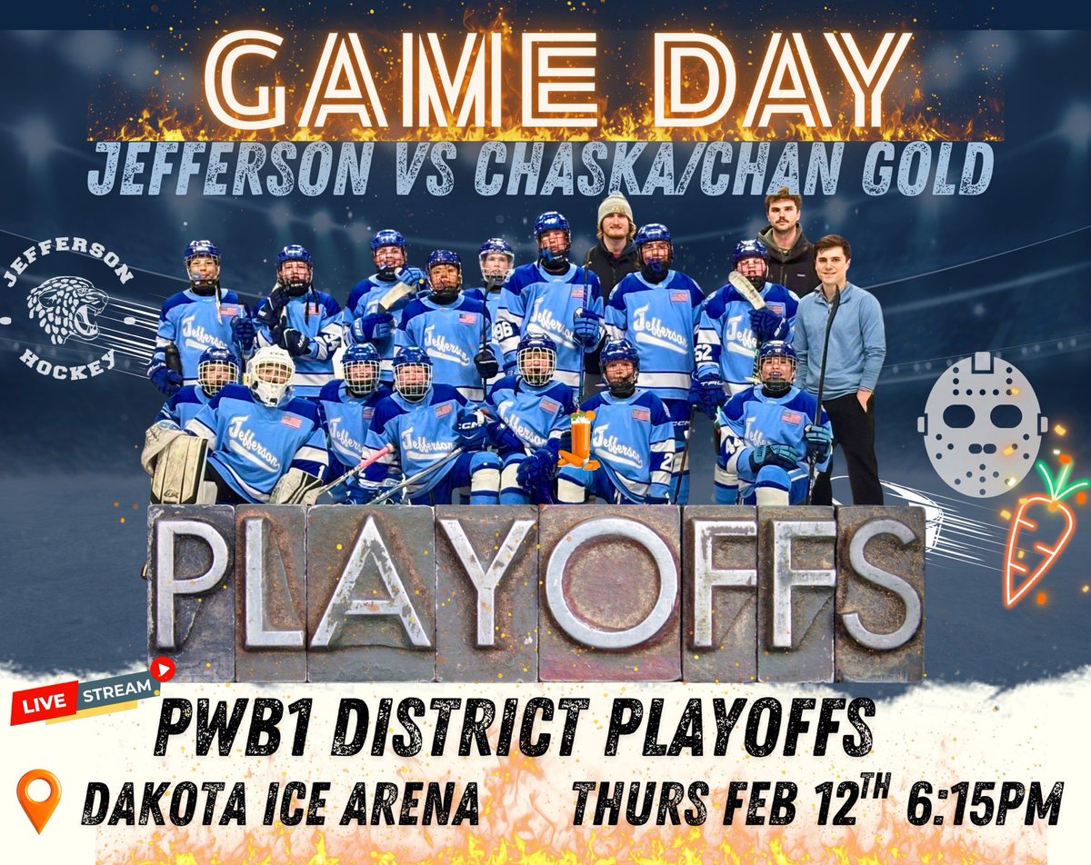 JeffBantamB2's tweet photo. Jefferson Jaguars PeeWee B1 begin D6 Playoffs Tonight Vs. Chaska/Chan @ 6:15PM @ Dakotah! Arena in Prior Lake. Pull Up! 🐆🐝🏒 #GoJags @JHBCHockey @jeffjaguars @JagHockey #BloomingtonJeffersonHockey #JagNation https://t.co/bNsWiqHnuq