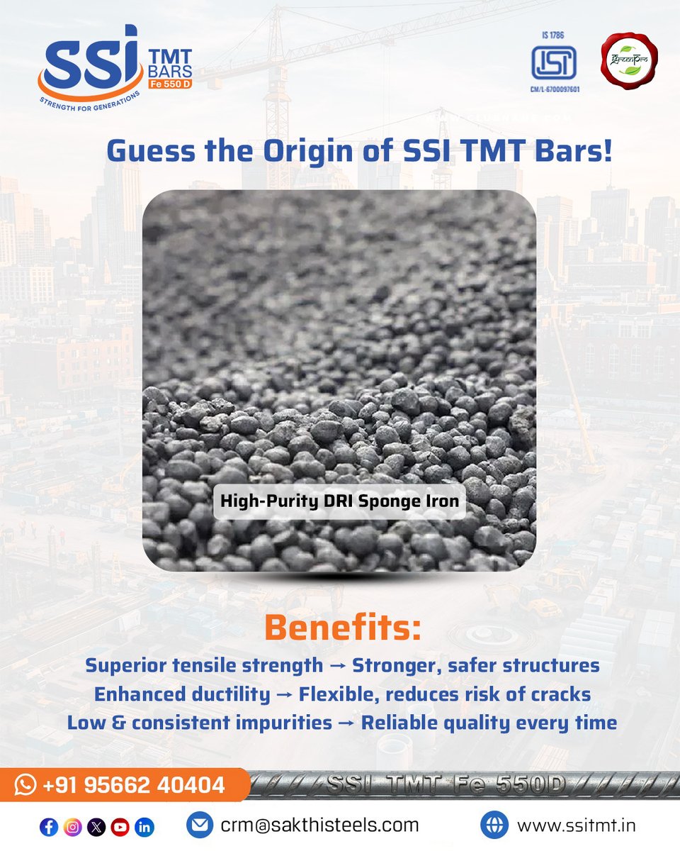 ssitmtbar's tweet image. The secret behind our strength?

High-Purity DRI Sponge Iron.

✔️ Stronger structures
✔️ Better flexibility
✔️ Consistent quality

SSI TMT Bars – Built from the right beginning.

Call: +91 9566240404
Visit us: crm@sakthisteels.com

#SSITMTBars #DurableSteel #TMTRings #TMTBars