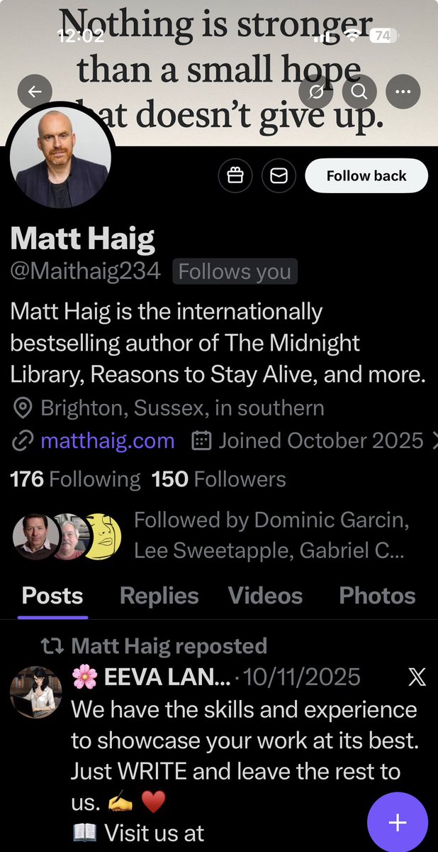 TheHSMatthews's tweet photo. Just reported this account for impersonating @matthaig1 after it followed me. 
Absolutely fed up of fake accounts, so all are now getting reported. https://t.co/aEQF2Gmt2b