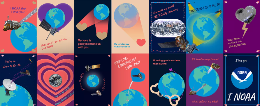 NOAASatellites's tweet photo. #ValentinesDay is just around the corner! 
❤️🛰️🌎
Let your favorite people know they’re truly out of this world with 14 of our classic @NOAA satellite-themed cards!

Get yours here:
https://t.co/d7YVQQEtCM https://t.co/y5SXUTf4l7