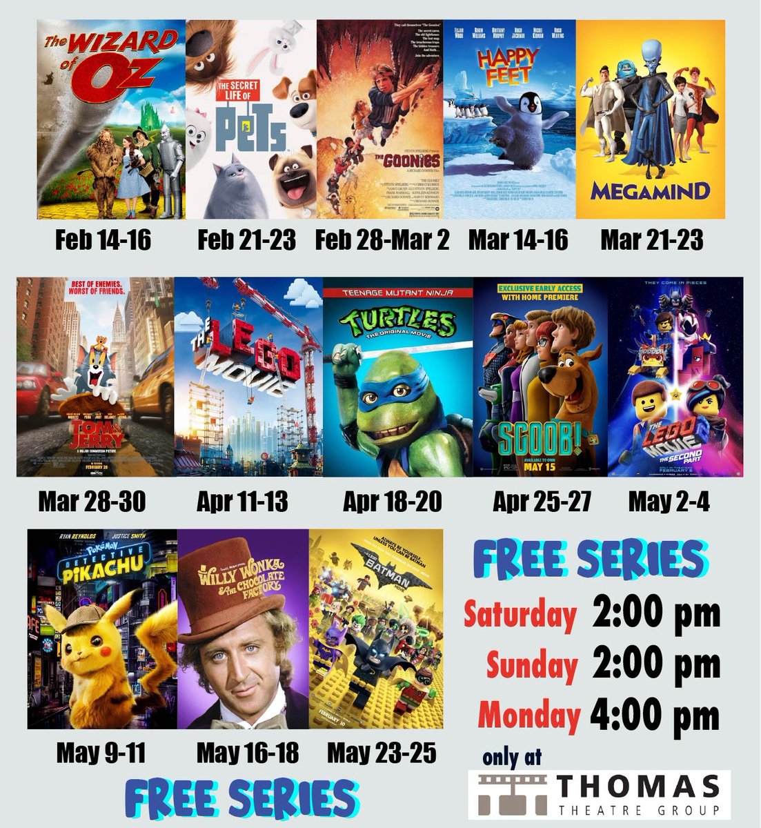 TriCityCinema's tweet image. It's finally here!!!  The lineup for our FREE Series is here!  Free movies for all ages.  So many fun films to watch again at the theater for 🆓😍 Save and Share! #FreeSeries ThomasTheatreGroup.com