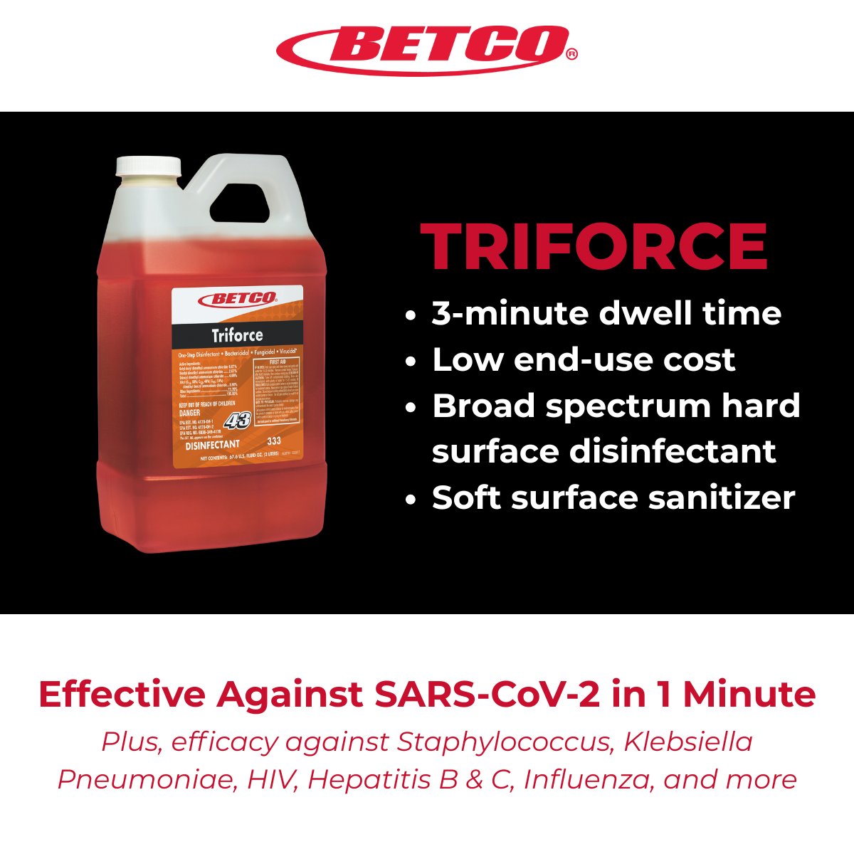 ow.ly/yBvV50YbRBc Triforce is a disinfectant, effective against SARS-CoV-2 within one minute. It is formulated to help reduce cross-contamination on treated surfaces in hospitals, schools, institutions, and other public facilities.