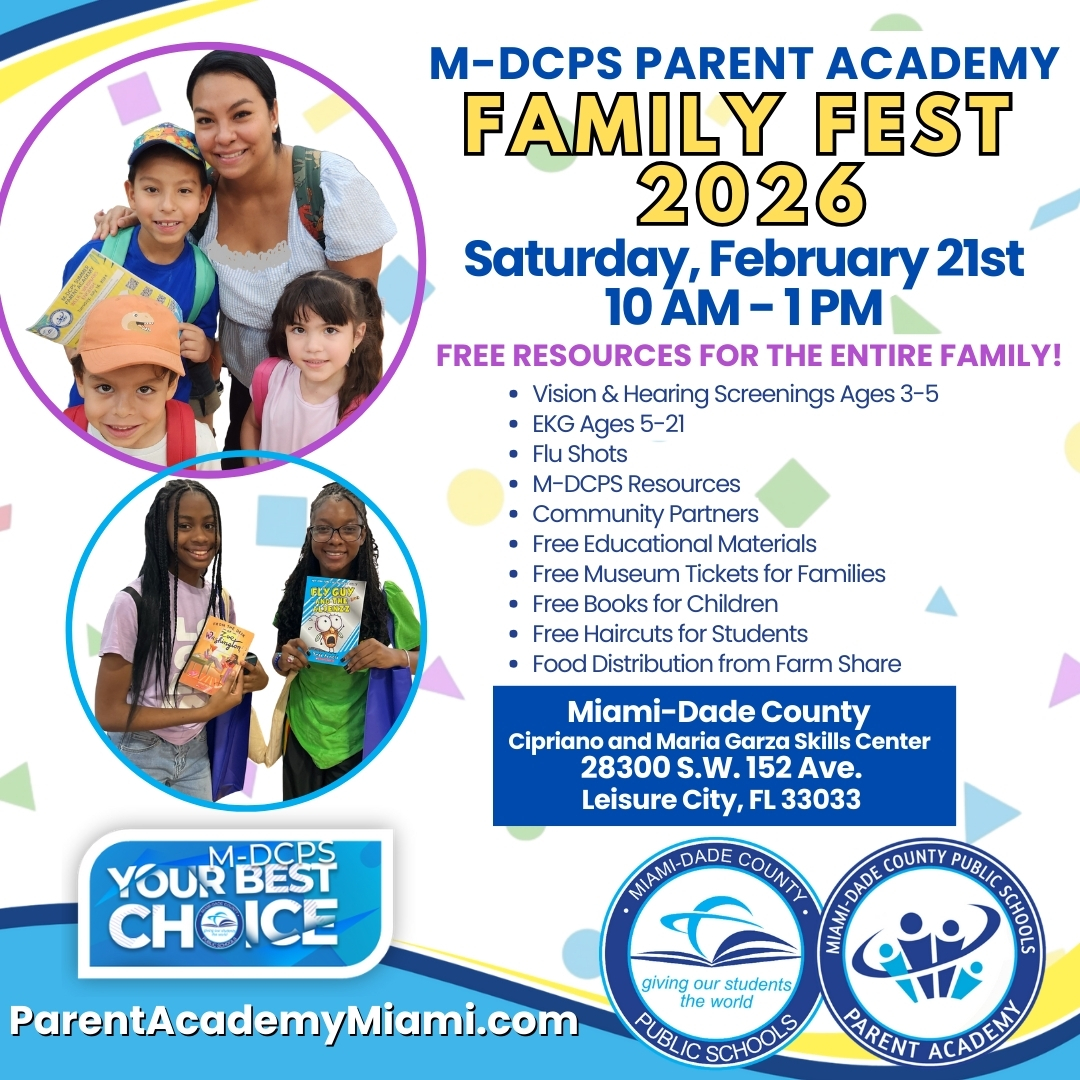 Our families are the heart of <a href="/MDCPS/">Miami-Dade Schools</a>. Please join us on Saturday, Feb. 21st at 10 AM for our 4th Annual Family Fest! From free medical screenings to vital academic tools and live music, we’re bringing the best of our district to you. Don't miss out! #YourBestChoiceMDCPS