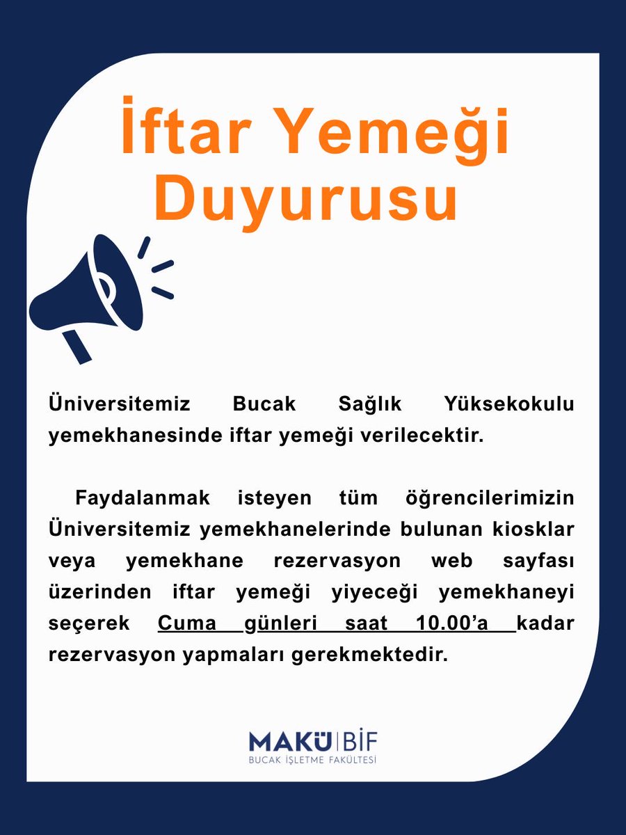 📣Değerli Öğrencilerimiz, Üniversitemiz  Bucak Sağlık Yüksekokulu yemekhanesinde iftar yemeği verilecektir.

Detaylı bilgi için fakülte web sitemizi ziyaret ediniz. 

#mehmetakifersoyüniversitesi #bucakişletmefakültesi #makü