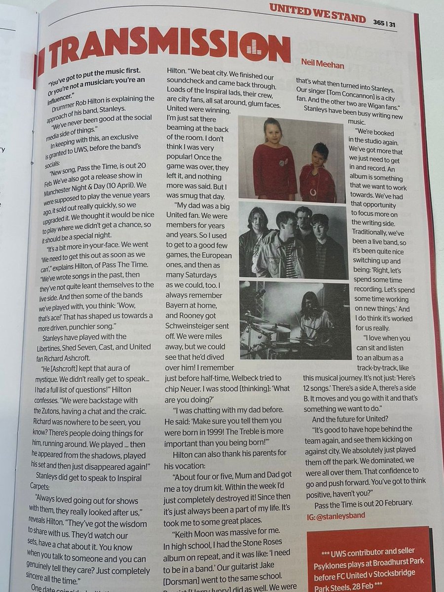 Stanleysband_'s tweet photo. 🗞️ Read all about it...

Rob had a chat with @NeilMeehan_ of UWS magazine about 'Pass The Time'  and future plans... plus a couple things about #MUFC...

Make sure you grab yourselves a copy to see the feature!

Pass The Time drops next Friday https://t.co/fM5EGNkFqp https://t.co/vUpd3b1FIM