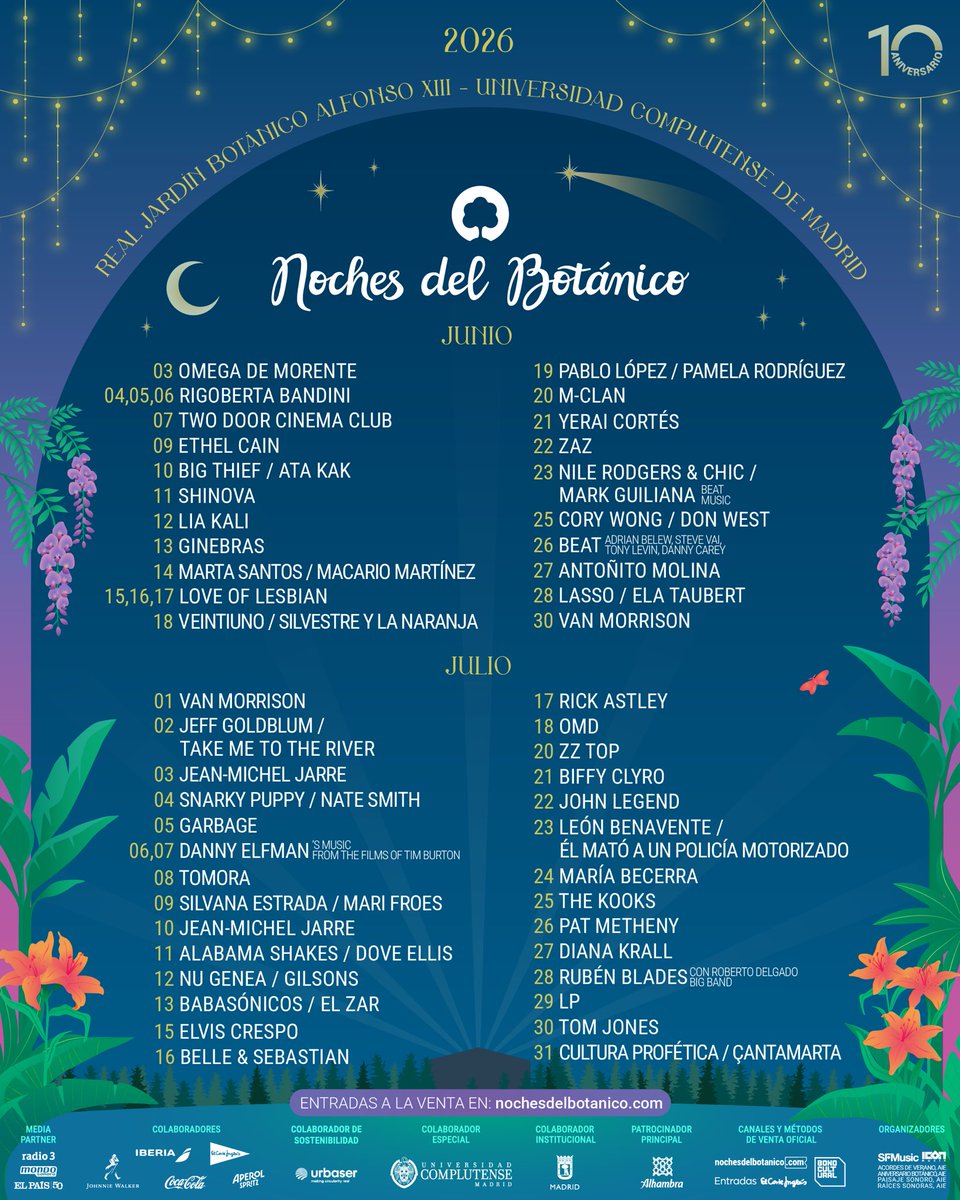 ¡YA ESTÁ AQUÍ EL CARTEL COMPLETO de #NDB26! 🙌💙

✨ 54 conciertos y +60 artistas para celebrar nuestro 10º aniversario por todo lo alto.

🎟 Entradas a la venta: martes 17 de febrero a las 12:00 h en nochesdelbotanico.com y canales de El Corte Inglés.