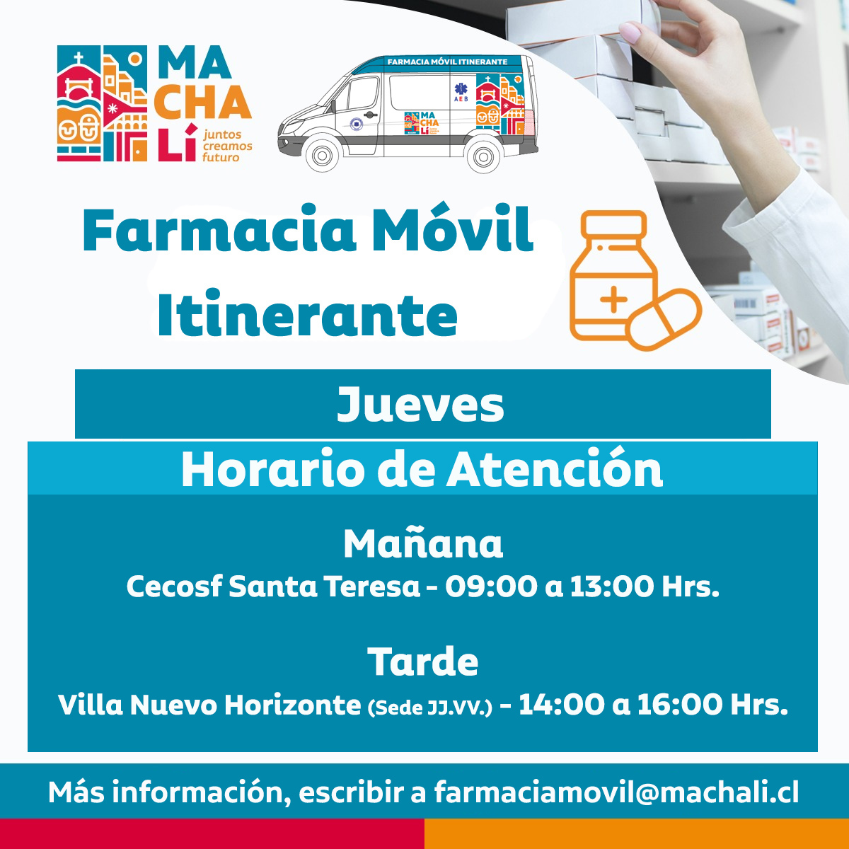 🚐¡La Farmacia Móvil Itinerante de Salud #Machalí estará hoy recorriendo tu comuna!

📍 Mañana: Cecosf Santa Teresa, de 09:00 a 13:00 Hrs.
📍 Tarde: Villa Nuevo Horizonte, de 14:00 a 16:00 Hrs.

¡Ven por tus medicamentos y recibe atención más cerca de tu hogar! 💊