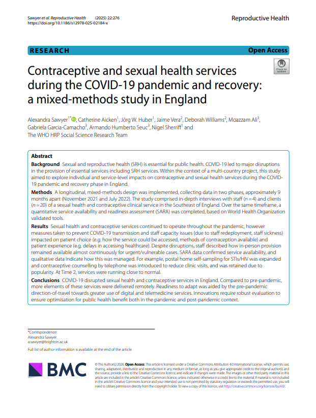 HRPresearch's tweet photo. 📘 New HRP-supported study shows how #sexualhealth and #contraception services stayed open during #COVID19 in England, while scaling up postal STI/HIV self-sampling and phone-based contraception counselling, with services close to normal by mid‑2022. 

https://t.co/J9TYb3twF6 https://t.co/VECXPXlqPd