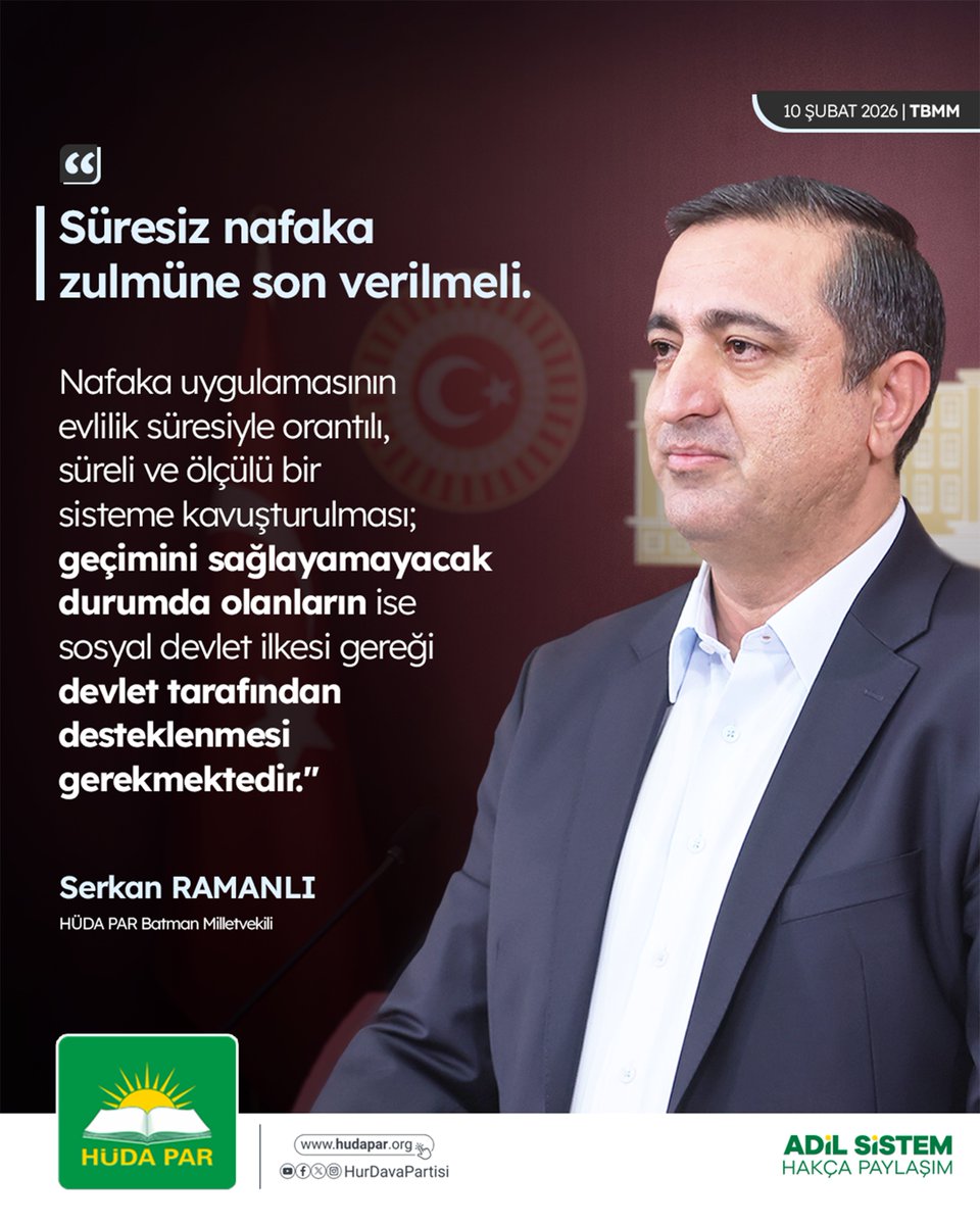 "Süresiz nafaka zulmüne son verilmeli.

Nafaka uygulamasının evlilik süresiyle orantılı, süreli ve ölçülü bir sisteme kavuşturulması; geçimini sağlayamayacak durumda olanların ise sosyal devlet ilkesi gereği devlet tarafından desteklenmesi gerekmektedir."

Serkan Ramanlı | Batman