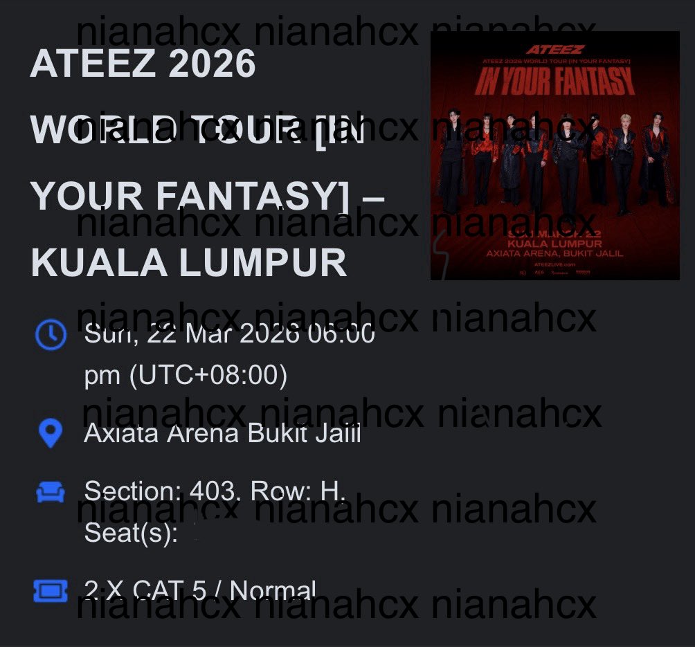 nianahcx's tweet photo. WTS ATEEZ IN KL 

1 x Cat 5 Section 403 
Row H

💰RM410 for 1 ticket 
RTS: nak upgrade seat

dm to buy 🫶🏼

#pasarATEEZ #pasaratiny #pasarATEEZmy https://t.co/57NRqJe7i6