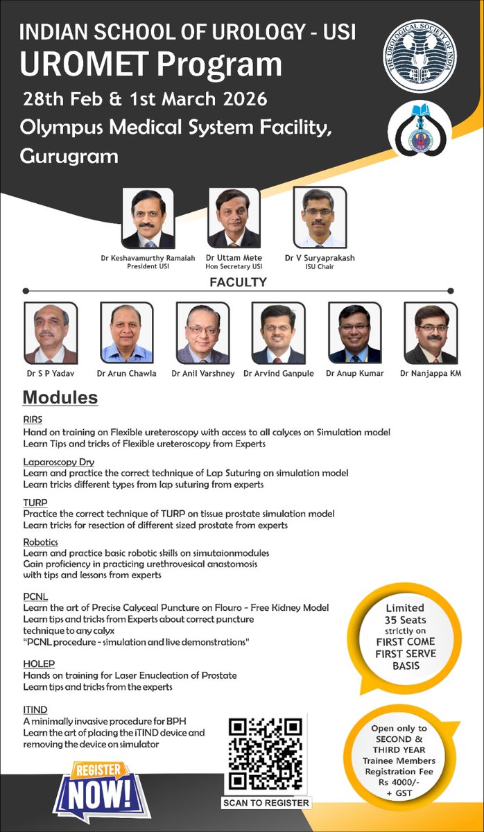 USIIndiaSoMe's tweet photo. Join the UROMET Program 2026 by the Indian School of Urology (USI) for two days of intensive, hands-on training in RIRS, TURP, PCNL, Robotics, HOLEP &amp; more. 📍Olympus Medical System Facility, Gurugram | 🗓 28 Feb–1 March 2026 | Limited seats – Register now! https://t.co/CcWeiOSWGF