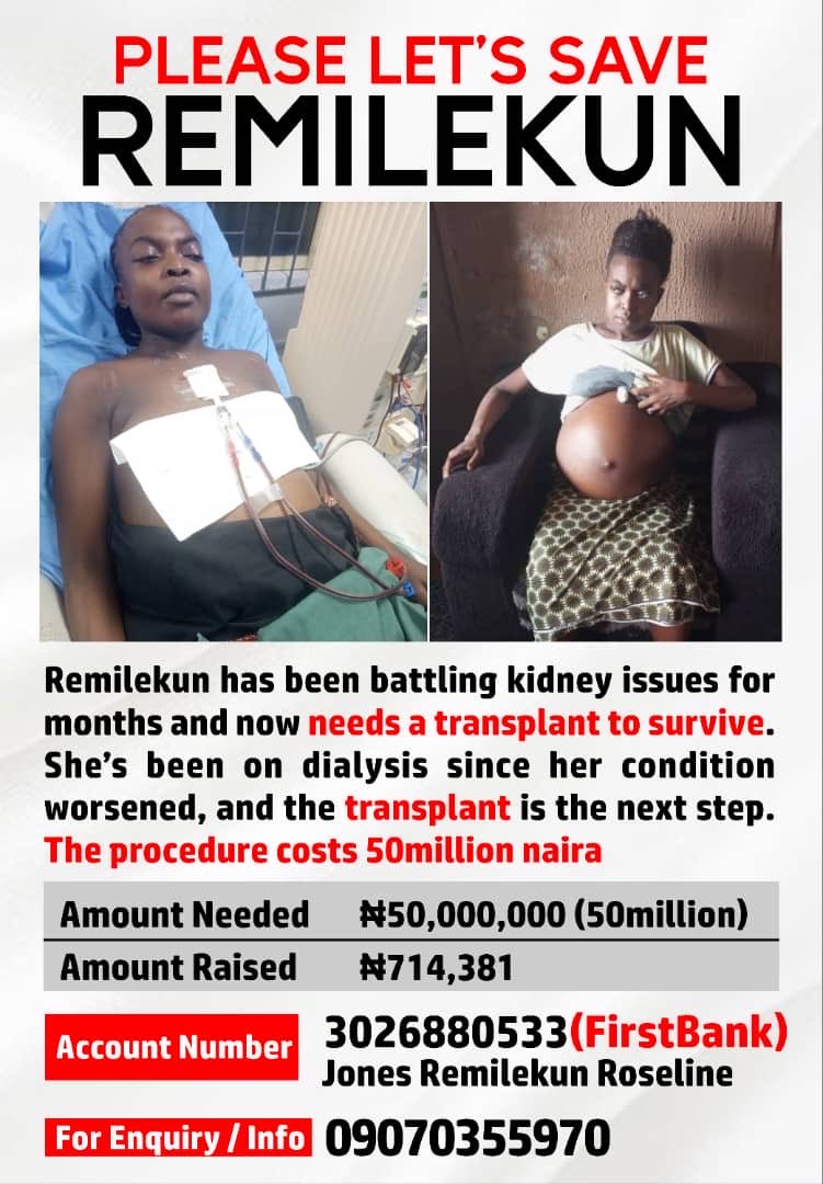 SamsonAyotunde1's tweet photo. @ObiCubana12197 HELP US SAVE REMILEKUN JONES ROSELINE — SHE NEEDS A KIDNEY TRANSPLANT

Good people of Nigeria, we humbly ask for your support to help save the life of our beloved sister, Remilekun Jones Roseline, who lives in Lagos Island, Lagos State. https://t.co/VjY8uWPEft