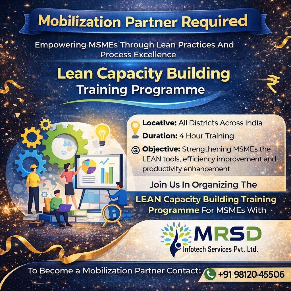 अब आपकी संस्था भी बन सकती हैं
भारत के MSME विकास में भागीदार
Join Us as a Mobilization Partner and support the Nation's Lean Revolution
📞 Contact us today: +91 98120-45506
📧 skillechomart@gmail.com

#MSME #LeanTraining #CapacityBuilding #MobilizationPartner #SkillDevelopment