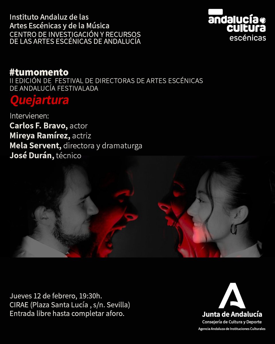 CulturaCuenta's tweet photo. Dentro de la II edición del Festival de Directoras de Artes Escénicas de Andalucía #FESTIVALADA, el #CIRAE acoge esta tarde, a las 19:30h, la lectura dramatizada "Quejartura"

https://t.co/KPaZWsFUVO

@CulturaAND @JuntaSevilla @SevillaOcio @sevilla_secreta https://t.co/R2AnZbQK6D