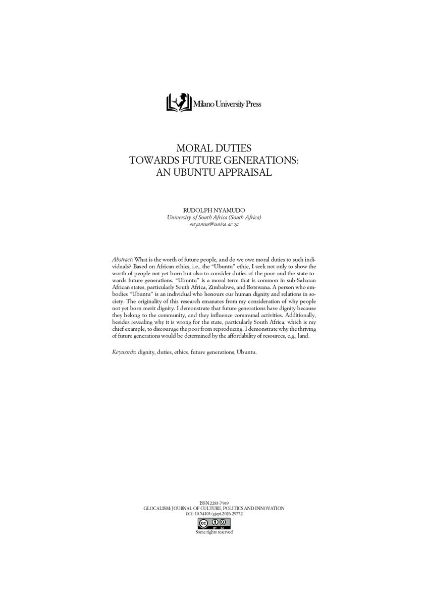 NEW ARTICLE! GJ Latest Articles, Moral duties towards future generations: an ubuntu appraisal, by R. Nyamudo 👇🏽riviste.unimi.it/index.php/gloc… #Ethics #Ubuntu