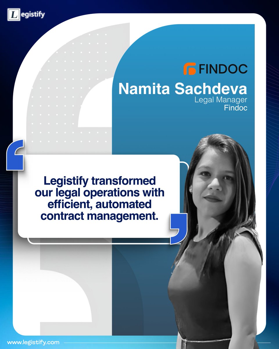 Grateful to Namita Sachdeva, Legal Manager at Findoc, for sharing how Legistify supports their legal operations.

Proud to partner with teams building structured, efficient legal processes.

#ClientTestimonial #LegalTech #LegalOperations #Legistify