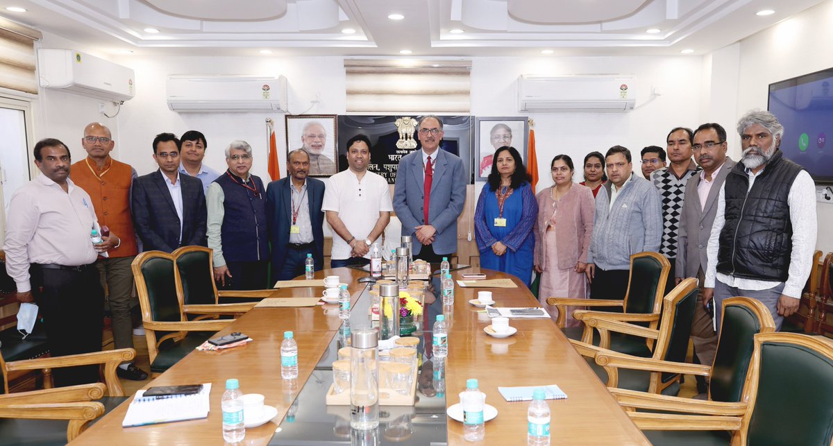 FisheriesGoI's tweet photo. Dr. Abhilaksh Likhi, Union Secretary, Department of Fisheries, GoI chaired the 11th edition of the Matsya Manthan Lecture Series, held today at Krishi Bhawan, New Delhi, in hybrid mode. 

During the session, Shri Nishant Kumar, MD and Founder, King Fisheries, Ranchi, delivered a presentation on “Modern and Innovative Aquaculture Techniques: A Key Driver for Growth and Sustainability in India’s Fisheries Sector” and highlighted the deployment of modern systems such as automated RAS, intensive pond and reservoir-based culture, along with several innovations including integrated breeding, adoption of blockchain-based traceability, pearl culture, and solar-powered farms. 

The session witnessed participation from senior officials of the Department of Fisheries, GoI; Departments of Fisheries of States/UTs; ICAR Institutions; FSI; CAA; CIFNET; CMFRI; and more than 100 participants who joined virtually.

#MatsyaManthan #AquacultureInnovation #SustainableFisheries #ModernAquaculture