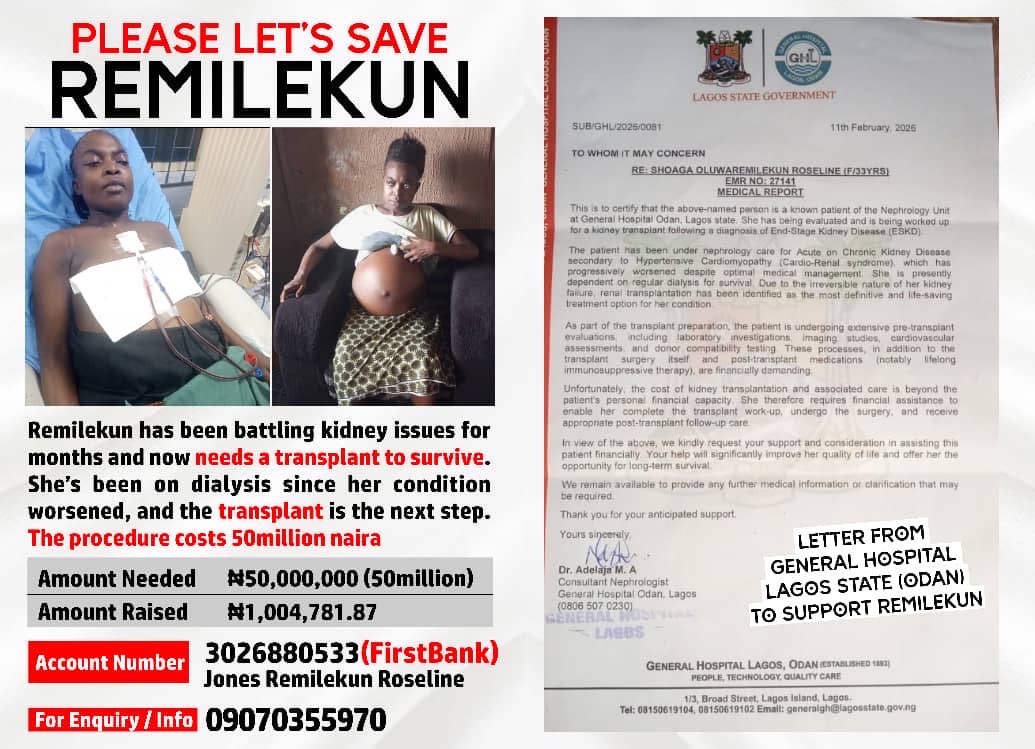 SamsonAyotunde1's tweet photo. @AMAZINGBET01 HELP US SAVE REMILEKUN JONES ROSELINE — SHE NEEDS A KIDNEY TRANSPLANT

Good people of Nigeria, we humbly ask for your support to help save the life of our beloved sister, Remilekun Jones Roseline, who lives in Lagos Island, Lagos State. https://t.co/eiCCPyX7Vx