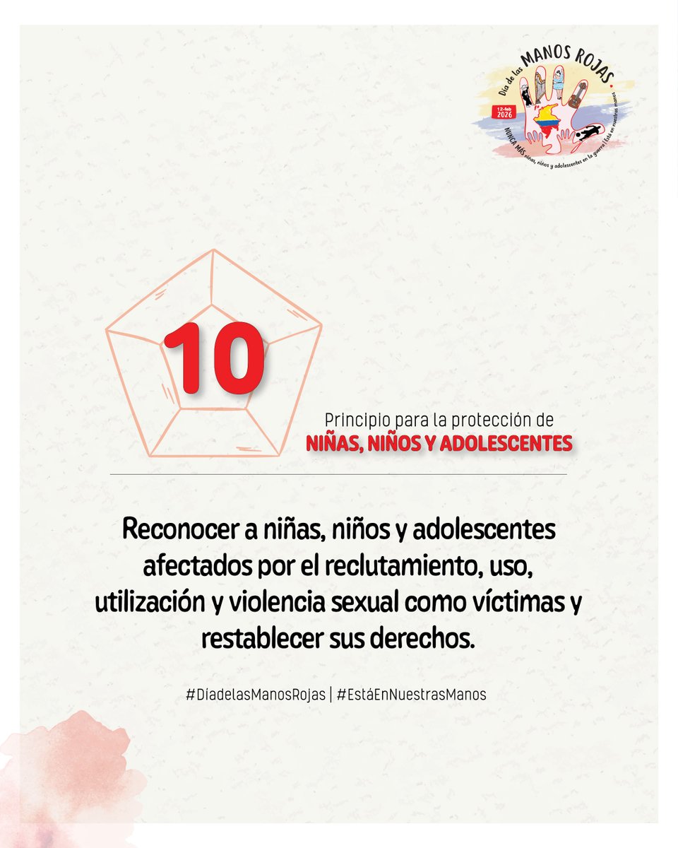 #EstáEnNuestrasManos, #Reconocer que en contextos de conflicto armado todas las personas menores de 18 años pueden ser víctimas de reclutamiento, uso, utilización y violencia sexual. 

NUNCA MÁS niñas, niños y adolescentes en la guerra.

 #DíadelasManosRojas