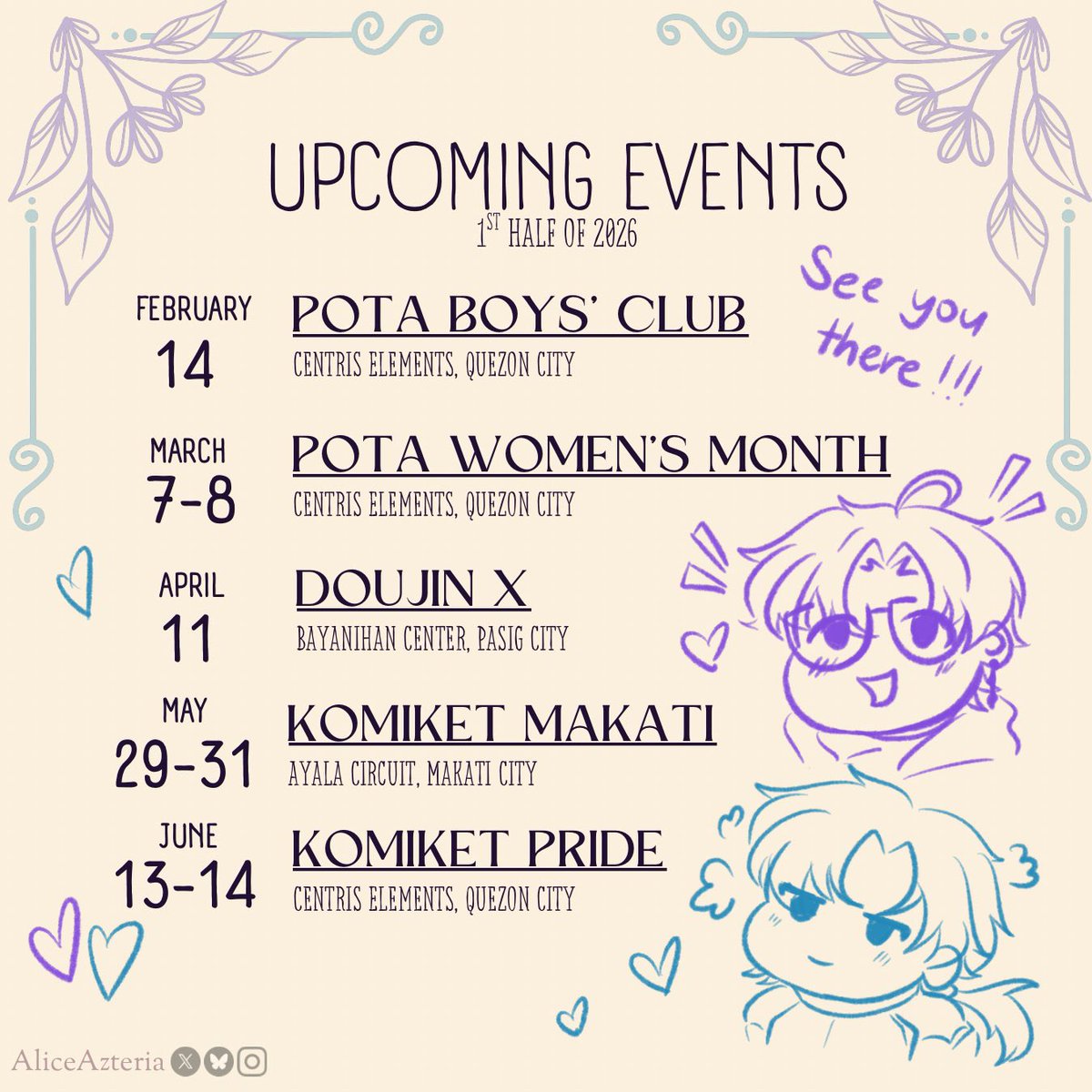 Here are my convention lineup for the first half of 2026! 🥳 I hope to see you on my upcoming event this weekend which is POTA Boys’ club! See you there! 🥰 

#artistalley #artconventions #artph #artistalleylineup #2026conventionschedule