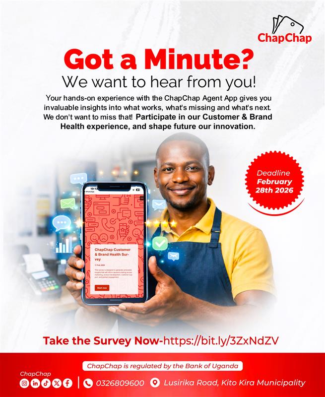 chapchapUg's tweet photo. Got a minute? We could love your feedback!

Your experience with the ChapChap Agent App matters. Share your insights in our Customer &amp; Brand Health Survey to help us improve the product, enhance your experience, and shape future innovations.

Start now 👉 https://t.co/t7VyrhZvYf https://t.co/M3y0cBRorV
