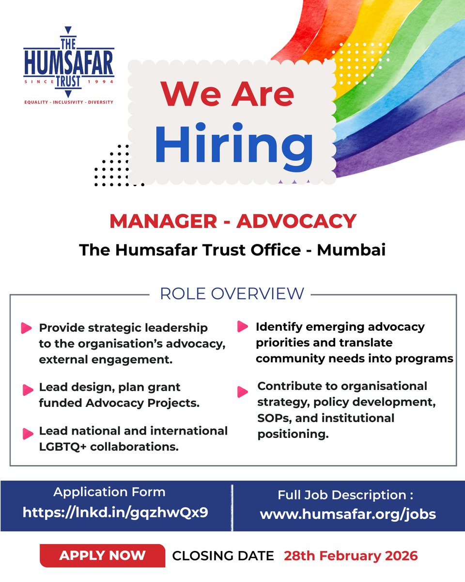HumsafarTrust's tweet image. The Humsafar Trust is Hiring!  Manager – Advocacy (Mumbai)  Apply by: 28 Feb 2026 🔗tinyurl.com/HSTAdvocacyMan… 
#Thehumsafartrust #jobseekers #Mumbai